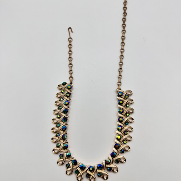 Coro Gold Tone Ribbon Link Choker Necklace w/ Aurora Borealis Rhinestones, 16.5” - Picture 9 of 10